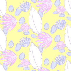 Vector seamless half-drop pattern, with leaves and flowers
