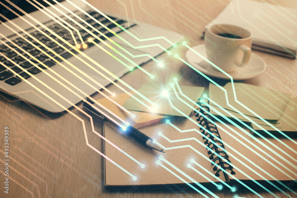 Poster Multi exposure of technology theme drawing and desktop with coffee and items on table background. Concept of data research.