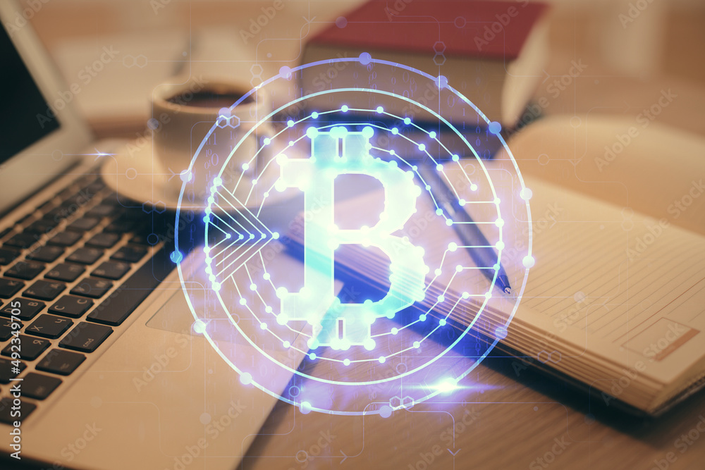 Poster Double exposure of crypto technology drawing and desktop with coffee and items on table background. Concept of blockchain