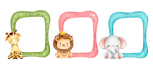 Watercolor Illustration set of Frame with Safari Animals  © Stella