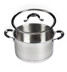 stainless steel kitchen cookware on white background
