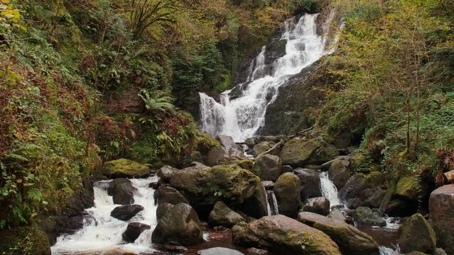 Picturesque 4K slow motion video of Torc waterfall in Killarney national park, Co. Kerry, Ireland