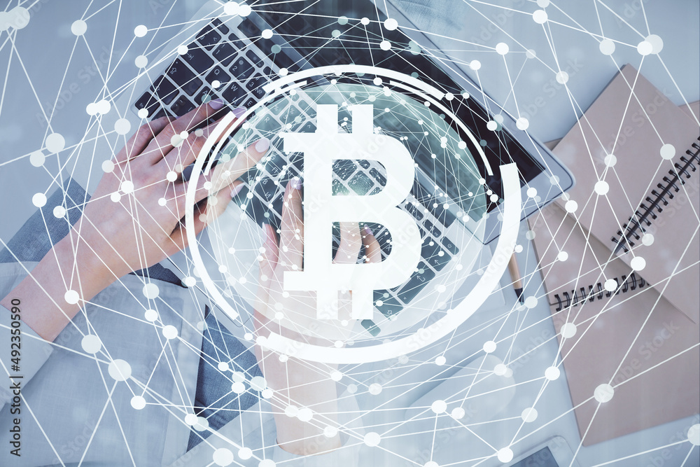 Aufkleber double exposure of woman hands working on computer and blockchain theme hologram drawing. top view. 