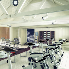 Fototapeta premium Treadmills & Bikes Inside a Gym (focused) - 3d Visualization