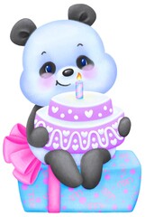 A cute funny panda with gateau sits on a gift