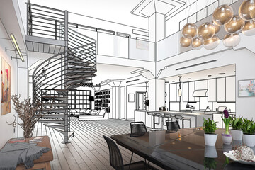 Modern Mansarde Apartment with Spiral Stairs & Furnitures (planning) - 3d Visualization