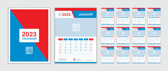 Calendar design for 2023 year set, Wall calendar 2023 template, desk calendar red blue geometric concept, planner design, Week starts on Monday, professional Business template, cover design, vector