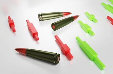 Cartridges and bullets on the forex chart, ammunition with Japanese candles on a light background, the concept of volatility in military operations, 3d rendering