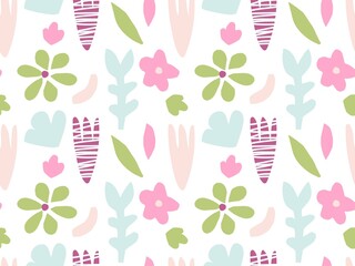 Flower seamless pattern. Colored hand drawn sketch. Flowers, branches, leaves. Childish scissors cutting collage effect. Silhouette vector illustration For spring, summer wallpaper, textile, wrapping.