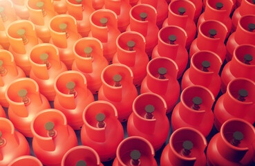 A lot of red gas cylinders with natural gas, top and side view, 3d rendering