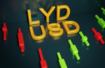 The Libyan Dinar and us dollar currency pair on the forex market on dark blue, a chart of Japanese candlesticks, trading LYD USD  during volatility, 3d rendering