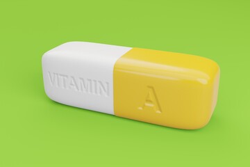 Vitamin A pill, white and yellow dragee with a concave inscription on a green background, 3d rendering