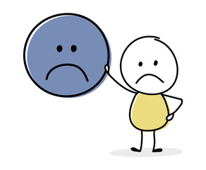 Concept of sad stickman with emoticon icon. Vector