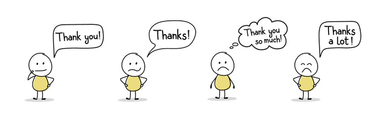 Unhappy stickman with text - thank you, thanks. Vector