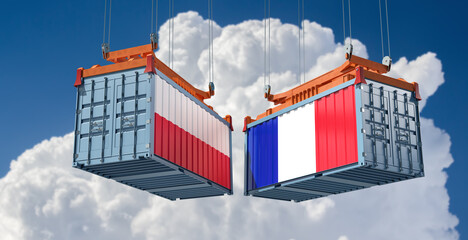 Cargo containers with France and Poland national flags. 3D Rendering 