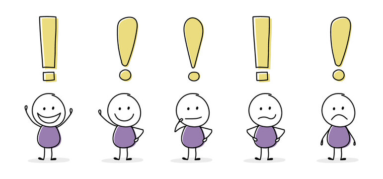 Collection of funny stickman with exclamation mark icon. Vector