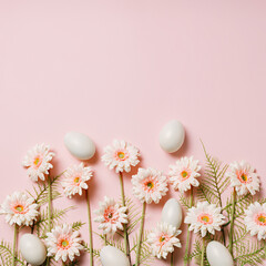 Easter egg and white daisy flowers on pastel pink background. Creative traditional Easter holiday celebration concept. Spring bloom arrangement with empty copy space for text, banner or card.