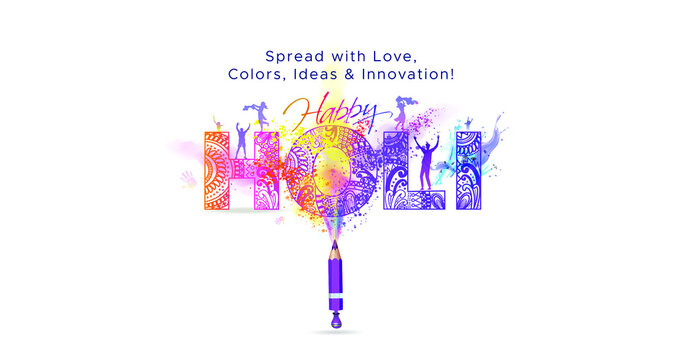 Creative concept design for Holi Festival celebration with text, Colorful powder and pencil as color gun pichkari