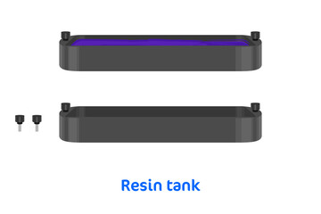 Resin tank for 3D printer with pins. Bath with polymer for SLA DLP LCD stereolithography printer with UV light with screws vector illustration isolated on white background 