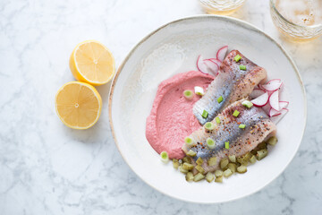 Herring served with beetroot mousse, radish and gherkins in a beige plate, above view on a light-grey marble background, horizontal shot