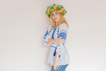 Ukrainian fashionable woman in embroidery traditional shirt. Concept of brave Ukraine and people of that country 