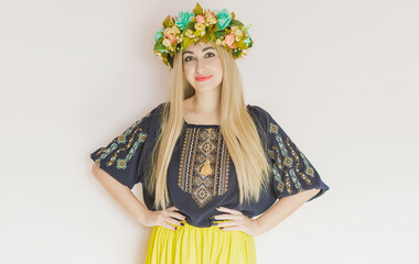 Ukrainian fashionable woman in embroidery traditional shirt. Concept of brave Ukraine and people of...