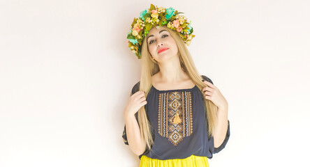 Ukrainian fashionable woman in embroidery traditional shirt. Concept of brave Ukraine and people of that country 