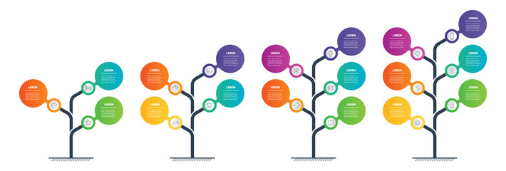Development and growth of the business. Timeline of Social tendencies. Business presentation concept with 3, 4, 5 or 6 options, parts, steps or processes. Set of infographics in form of Trees.