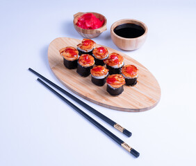 shrimp nigiri and sauce sushi on white background. Close Up of delicious japanese food with sushi roll.
