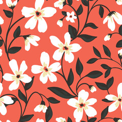 Simple seamless pattern with white flowers on a flowing branch. Vintage floral print with hand drawn flowers, leaves on a red field. Botanical background with old fashioned design. Vector illustration