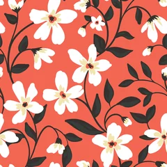 Wallpaper murals Vintage Flowers Simple seamless pattern with white flowers on a flowing branch. Vintage floral print with hand drawn flowers, leaves on a red field. Botanical background with old fashioned design. Vector illustration