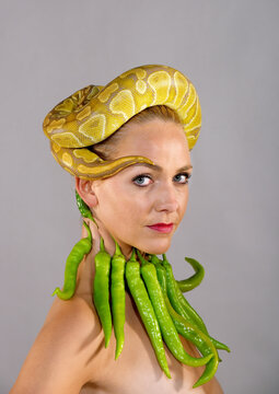 A beautiful woman wears a large green pepper
necklace while a yellow Python snake wraps 
itself around her head.

