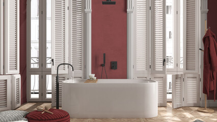 Modern bathroom in red tones in classic apartment with window with shutters and parquet....