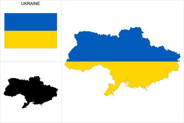 Carte Ukraine avec fond drapeau ukrainien - Carte sous forme de motif noir et drapeau de l'Ukraine disponibles séparément