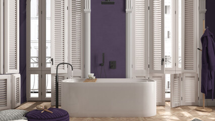 Modern bathroom in purple tones in classic apartment with window with shutters and parquet. Freestanding bathtub, pouf with accessories, rack with bathrobe. Minimalist interior design