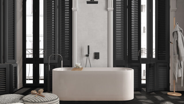 Modern bathroom in dark tones in classic apartment with window with shutters and parquet. Freestanding bathtub, pouf with accessories, rack with bathrobe. Minimalist interior design