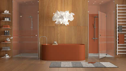 Minimalist wooden bathroom, in orange tones, spa style, freestanding bathtub, shower with mosaic tiles, rack with towels and shelves with accessories. Carpet and lamp. Interior design