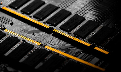 Macro Close up of computer RAM chip and motherboard