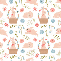 Seamless pattern with cute Easter bunnies and simple spring flowers and twigs. A rabbit sitting in a basket, sleeping, jumping. Great wrapping paper, baby textiles.Cartoon vector illustration on white