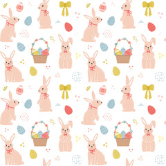 Seamless pattern with cute cartoon bunnies and Easter eggs, wicker basket and texture strokes. For wrapping paper, textiles, souvenirs. Color vector illustration on a white background.