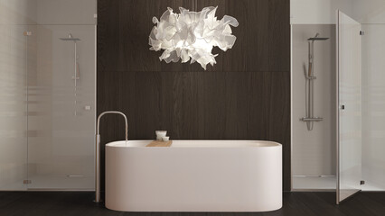 Modern wooden bathroom in dark tones, spa style, freestanding bathtub with accessories, shower with mosaic tiles, glass doors, white contemporary lamp. Minimalist interior design idea