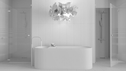 Total white project draft, modern wooden bathroom, spa style, freestanding bathtub with accessories, shower with tiles, glass doors, contemporary lamp. Minimalist interior design