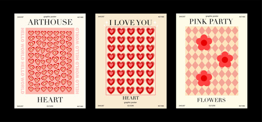 Collection of modern beautiful poster with hearts and flowers. Posters in different colors for your projects and presentations, prints on t-shirts and hoodies