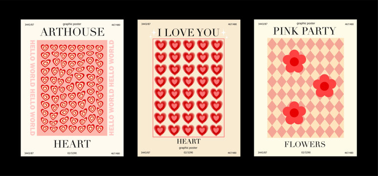 Collection of modern beautiful poster with hearts and flowers. Posters in different colors for your projects and presentations, prints on t-shirts and hoodies