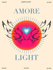 Abstract poster with text "Amore light" With sunset sun and heart. Tribal style, posters in different colors for your projects and presentations, prints on t-shirts and hoodies