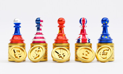 Isolate of main currency on golden coin stacking include dollar euro pound sterling yen yuan and Ruble on white background for currency exchange concept by 3d rendering. - obrazy, fototapety, plakaty