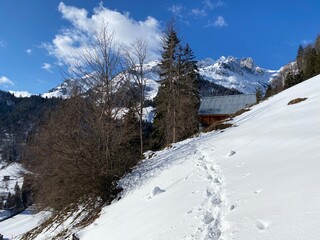 Wonderful winter hiking trails and traces on the slopes of the Alpstein mountain range and in the fresh alpine snow cover of the Swiss Alps - Unterwasser, Switzerland (Schweiz)