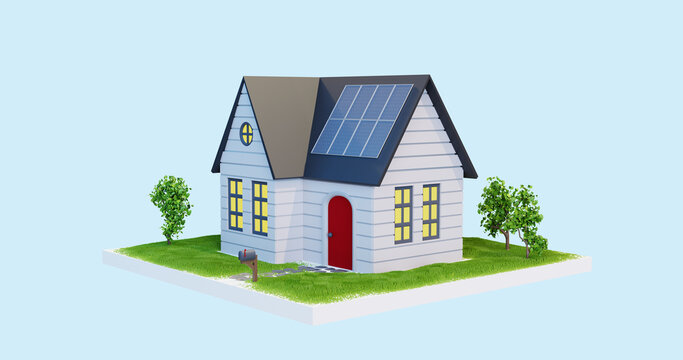 3d illustration of a simple house with solar panels on top, on the roof, charging, Green energy, environmentally friendly house, energy from solar panels, systems