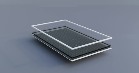 3d animation of solar battery assembly.  Frame, silicon elements, stand, fasteners.  Green energy, eco-friendly house, energy from solar panels, systems