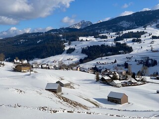 Winter snow idyll in the Thur river valley (or Thurtal) between the Alpstein and Churfirsten mountain massifs, Alt St. Johann - Obertoggenburg region, Switzerland (Schweiz)